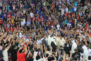 President Rodrigo Roa Duterte is swarmed by supporters upon his arrival at Khalifa Sports City in Bahrain on April 14, 2017 for the meeting with the Filipino community.ACE MORANDANTE/Presidential Photo