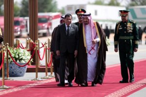 President Rodrigo Duterte is accompanied by His Royal Majesty King Salman Bin Abdulazziz Al Saud, Custodian of Two Holy Mosques and officials of the Kingdom of Saudi Arabia after the welcome ceremony at His Majesty’s private residence in Rawdhat Khuraim on April 11, 2017. ROBINSON NIÑAL/Presidential Photo