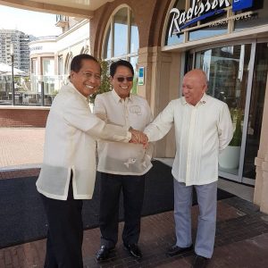 NO CEASEFIRE YET: The GRP and NDFP panels signed an interim ceasefire agreement but it is not yet effective. Dureza and Labor Secretaary Silvestre Bello with Fidel V. Agcaoili, chairperson of the NDF Human Righst Committee.