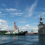 A tugboat pulls Philippine Navy’s BRP Ramon Alcaraz as it departs Davao City on Thursday enroute to Celebes Sea for a joint patrol with Indonesian Navy. The activity is intended to strengthen the of the common boundary of the two countries in the southern part of the Philippines. Newsline Photo