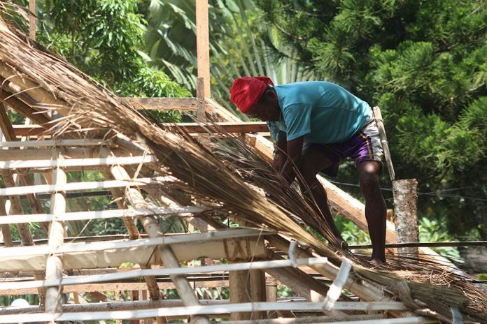 Datu Lumayong Bayontong fix cogon grass as a roofing of their traditional house at the tribal village’ inside the Magsaysay Park in Davao City. The tribal village is among the attractions of the Kadayawan Festival next month. Newsline Photo