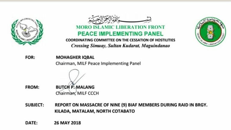 MILF to file protest over  the massacre of 9 BIAF members in Nocot