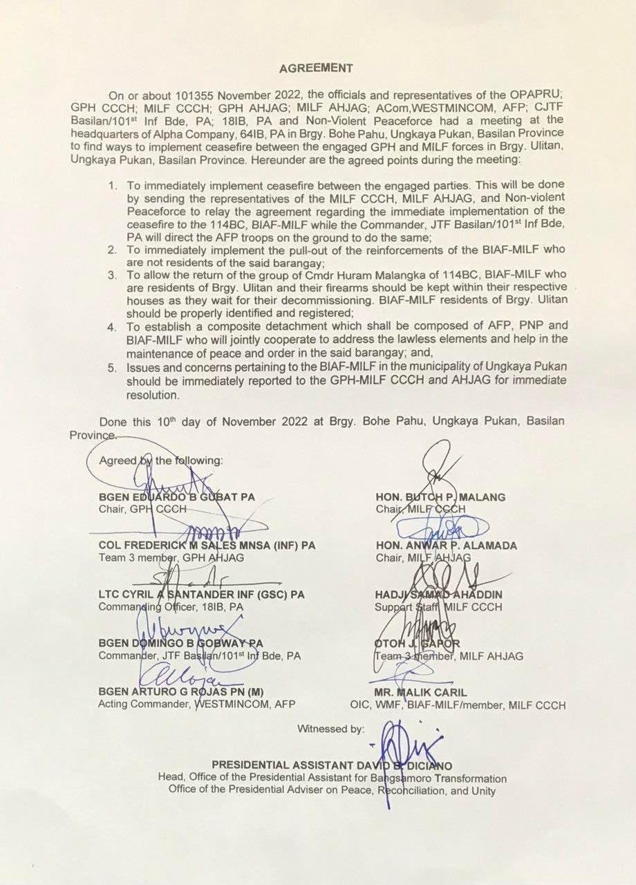 Sample Peace Contract GRP-MILF sign peace agreement for Basilan truce
