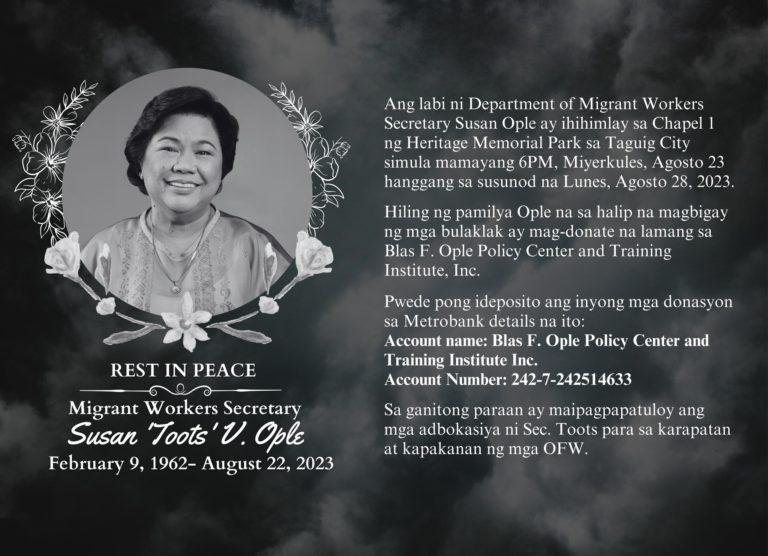 OFW champion Susan “Toots” Ople passes away at 61