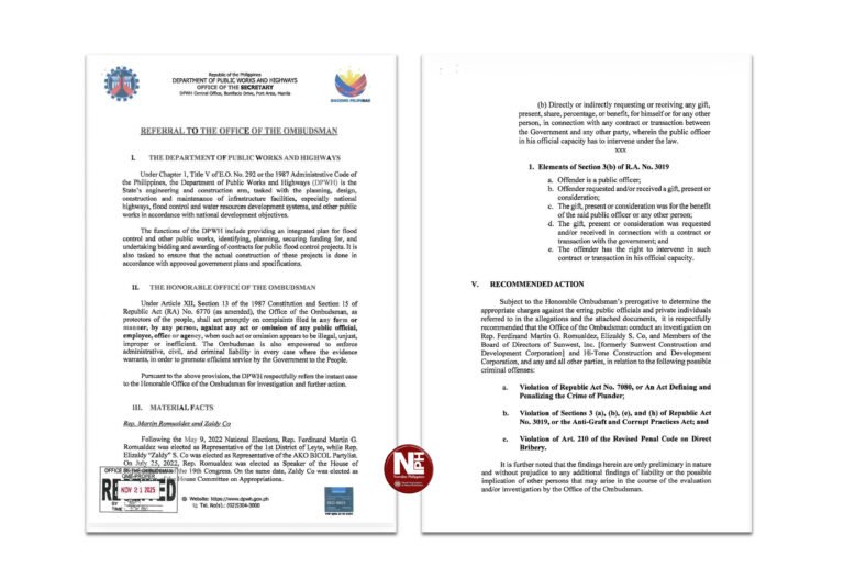 DPWH refers Romualdez, Co to Ombudsman for possible Plunder and Graft