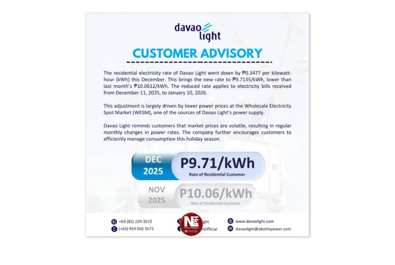 Davao Light cuts residential power rates for holidays, offers relief to households