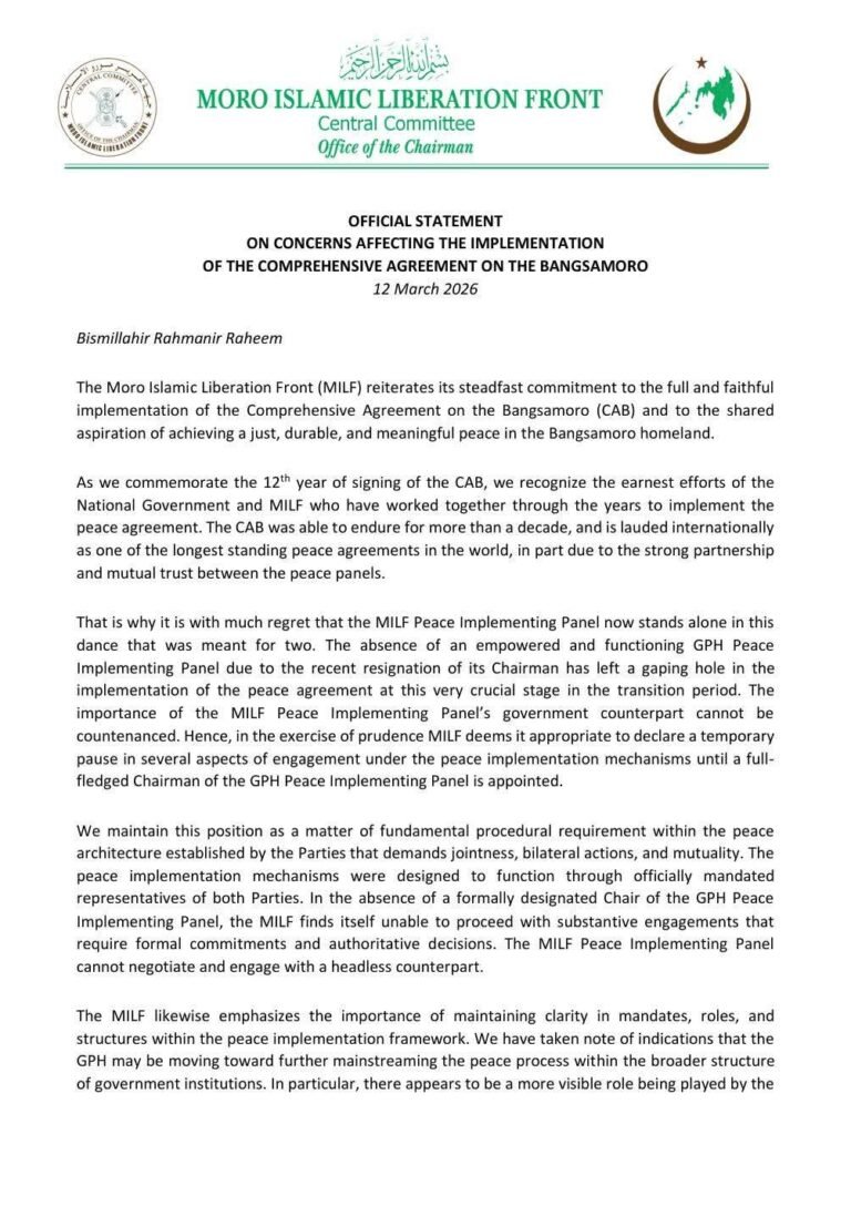 MILF pauses parts of peace accord over gov’t panel vacancy, warns of risks to Bangsamoro transition