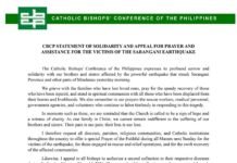 CBCP Calls for Special Church Collection to Aid Mindanao Earthquake Victims