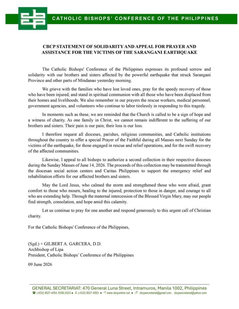 CBCP Calls for Special Church Collection to Aid Mindanao Earthquake Victims