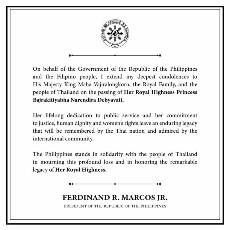 Marcos Expresses Condolences Over Passing Of Thai Princess