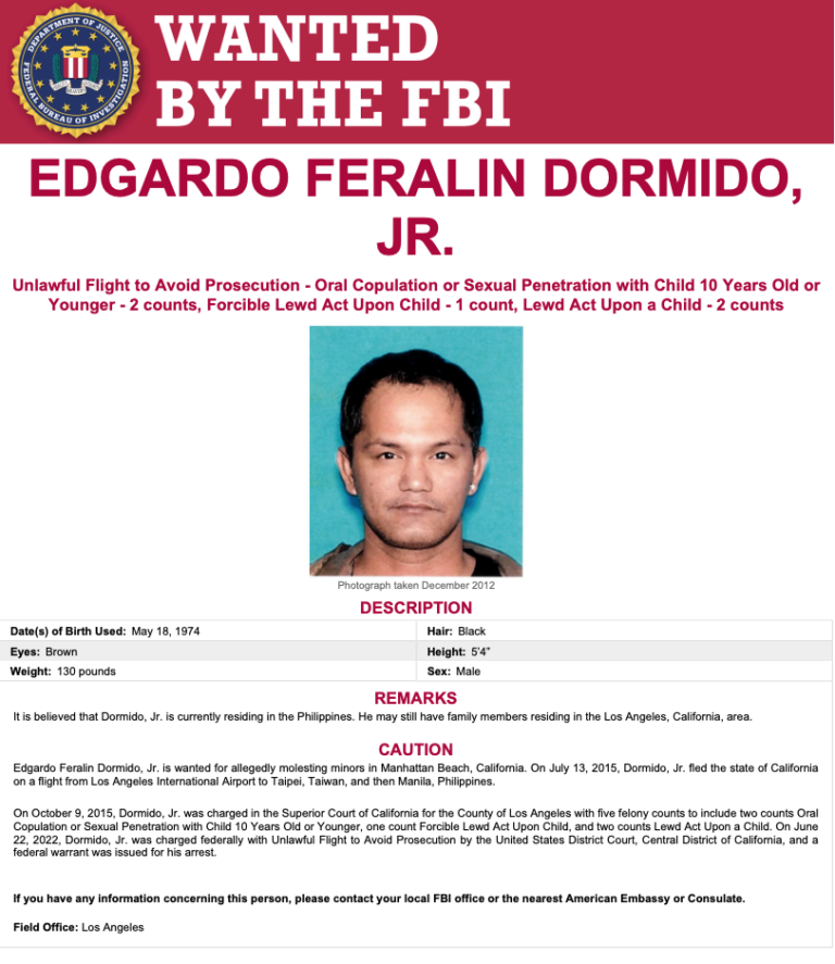 FBI Places Filipino Fugitive Accused of Child Sexual Abuse on Most Wanted List