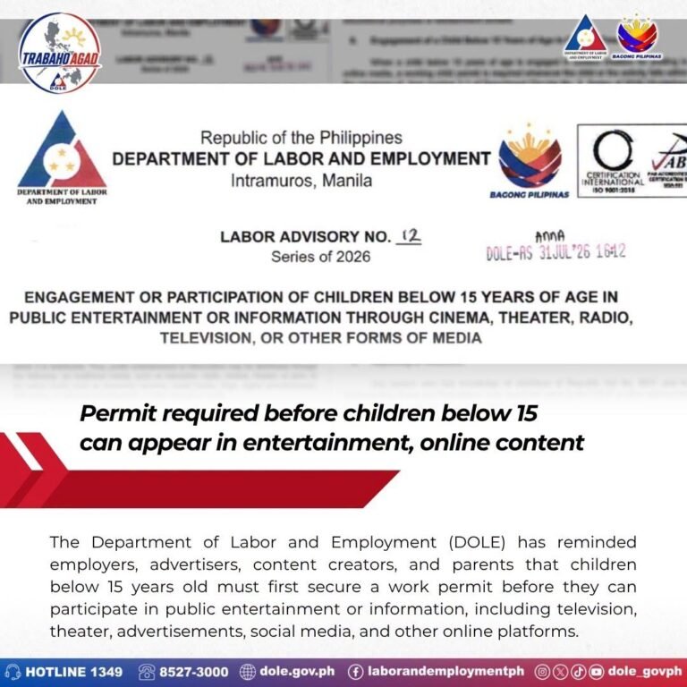 DOLE: Work Permit Required for Children Under 15 Appearing in TV, Social Media Content