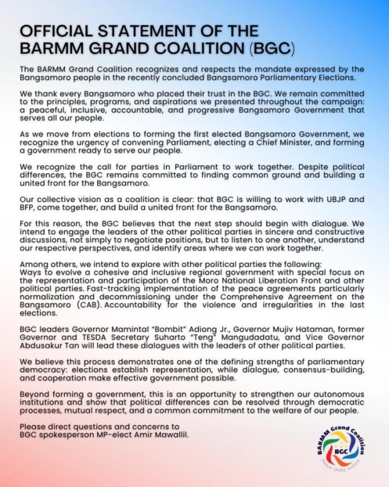 BGC offers coalition talks with UBJP, BFP as BARMM government takes shape